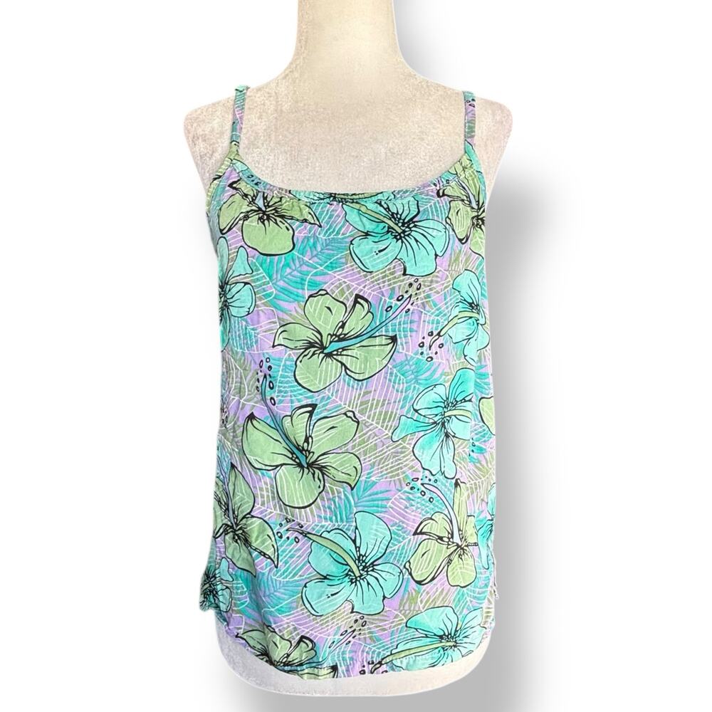 Vintage Hawaii Tank Top Rayon Camisole Purple Green Floral Lightweight Beach